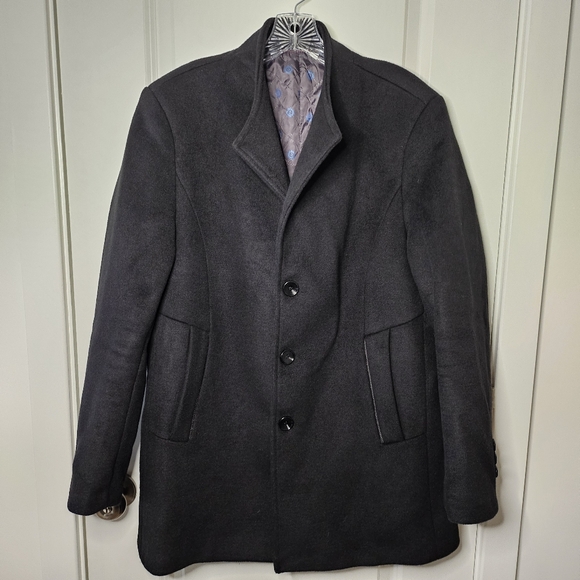 Men’s Jet Black Wool Blend Car Coat Tailored Classic Minimalist Jacket Size Med - Picture 6 of 16